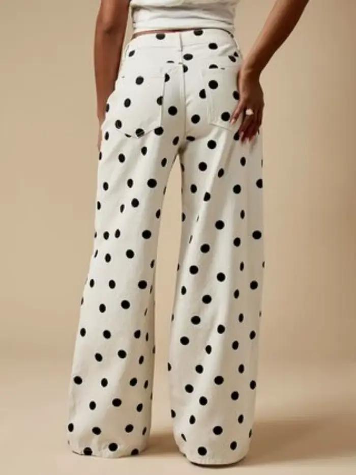 Pantalon en denim à jambes larges imprimé à pois rétro de style américain pour femmes