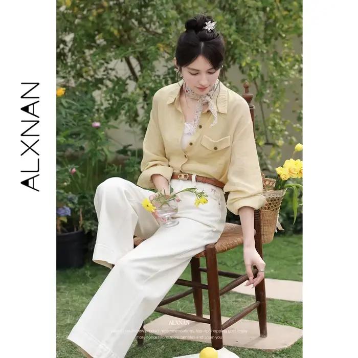 ALXNAN Jean en denim abricot coupe large décontracté élégant pantalon droit Nouvelle mode printemps-été 2026