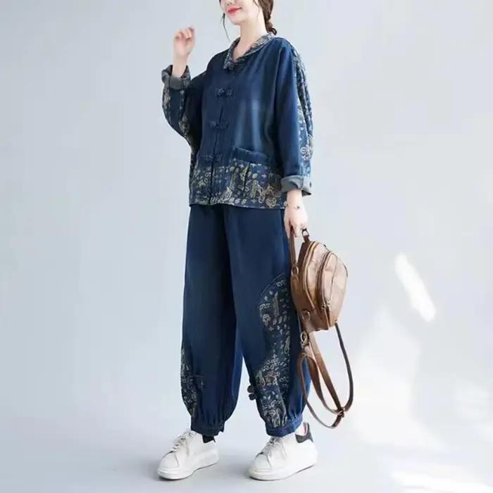 Ensemble veste et jean en denim à imprimé floral pour femmes