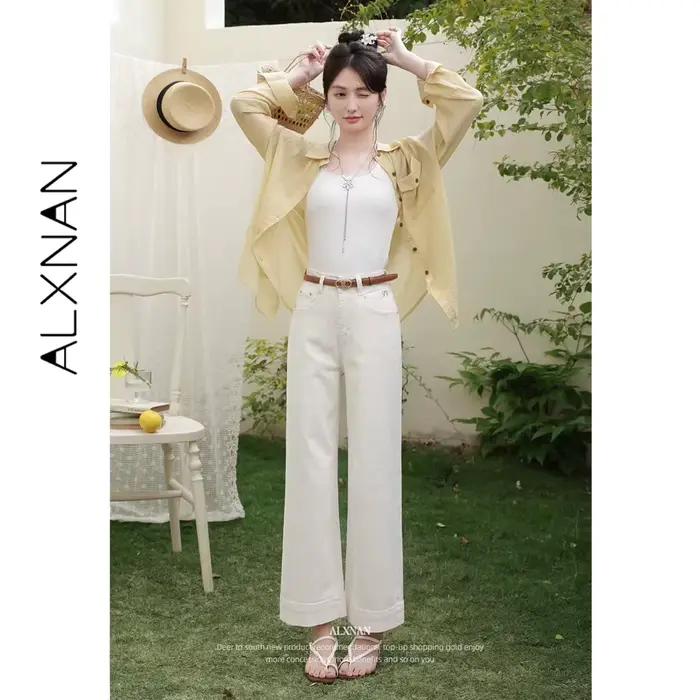 ALXNAN Jean en denim abricot coupe large décontracté élégant pantalon droit Nouvelle mode printemps-été 2026