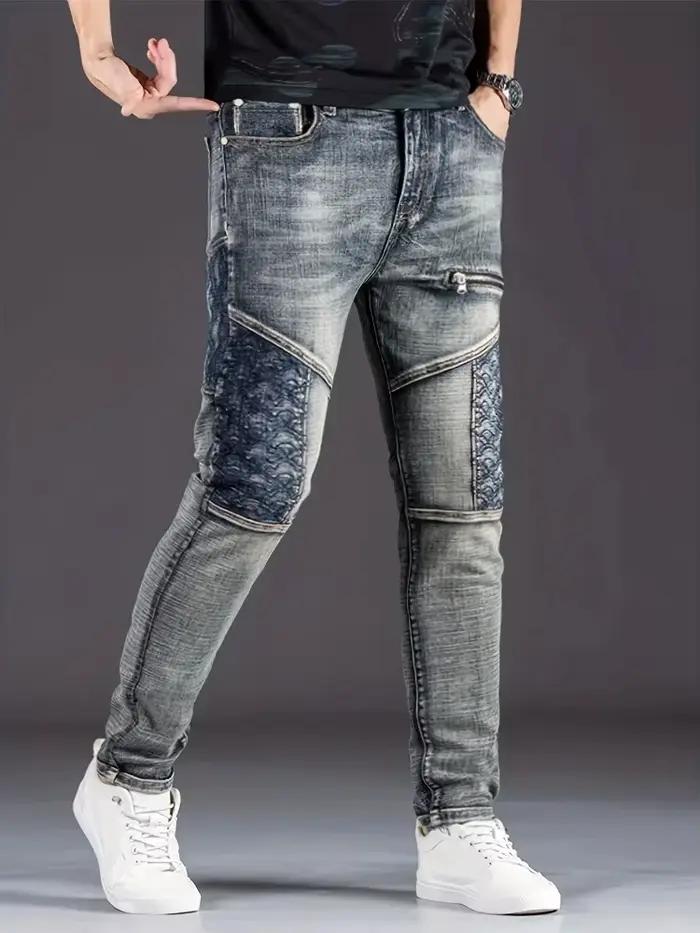 Jeans de moto homme décontractés avec patchwork pour les quatre saisons occasions quotidiennes et style nostalgique
