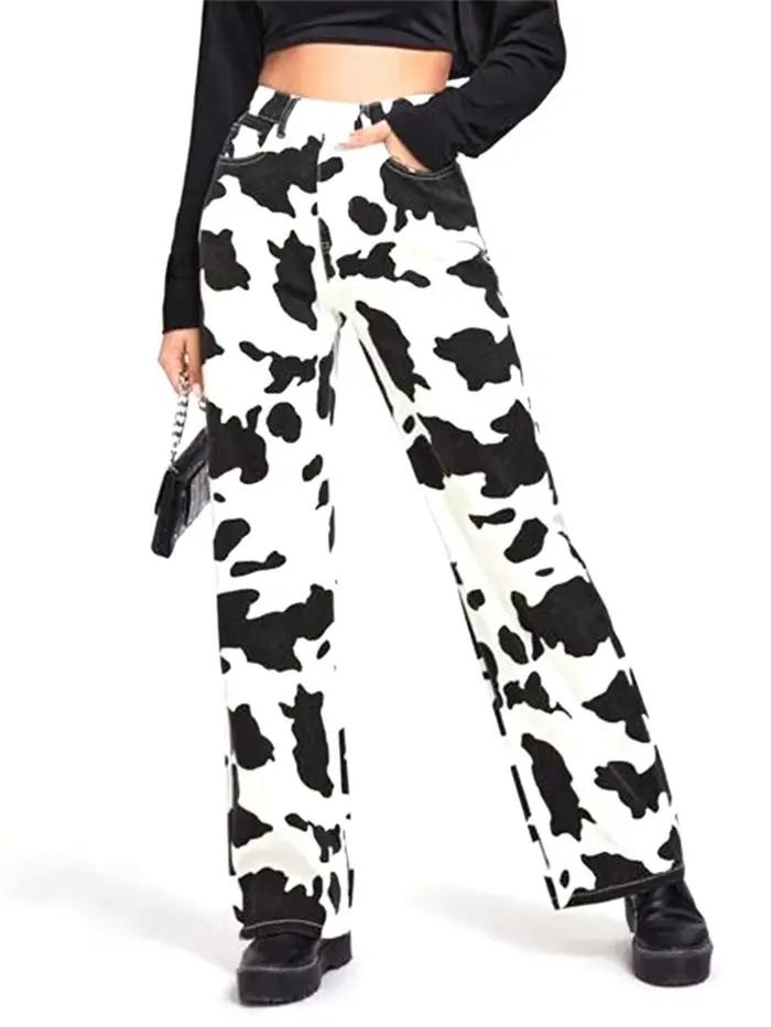 Jeans taille haute à motif de vache pour femmes