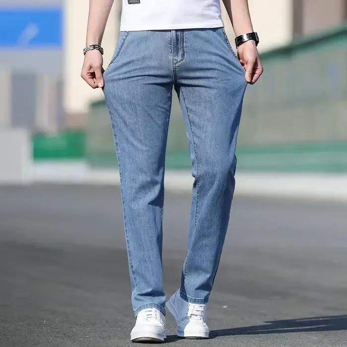 2025 été nouveaux hommes ample gris jean mode décontracté Stretch jambe droite Denim pantalon mâle bleu clair