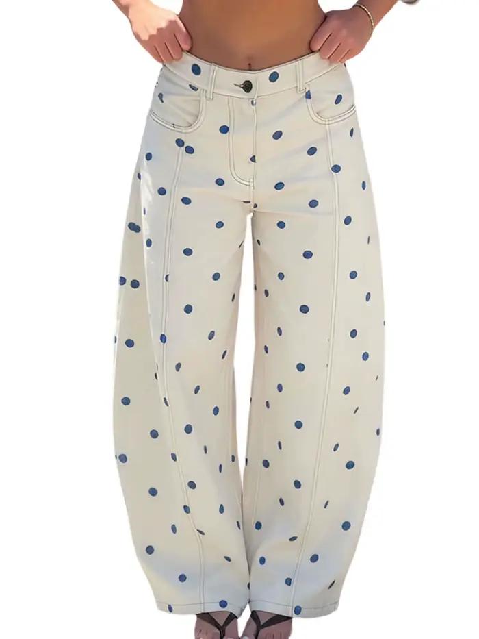 Jean ample en denim à pois pour femme – Pantalon décontracté et tendance à jambe large pour le printemps