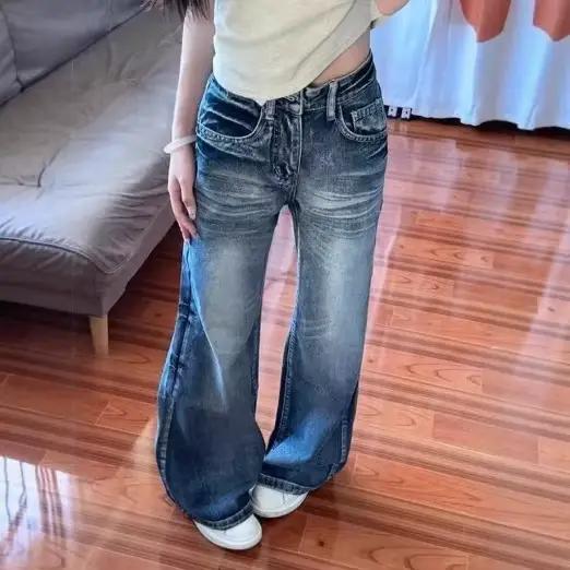 Jeans vintage taille haute à jambes larges pour femmes