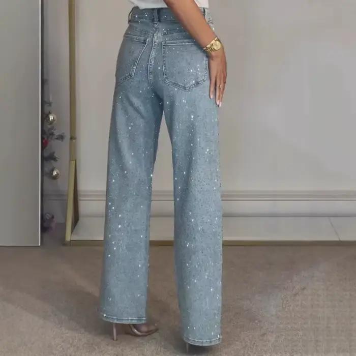 Deeptown bleu strass jean femmes noir Vintage diamants délavés jambe large Style américain Denim pantalon droit Baggy décontracté