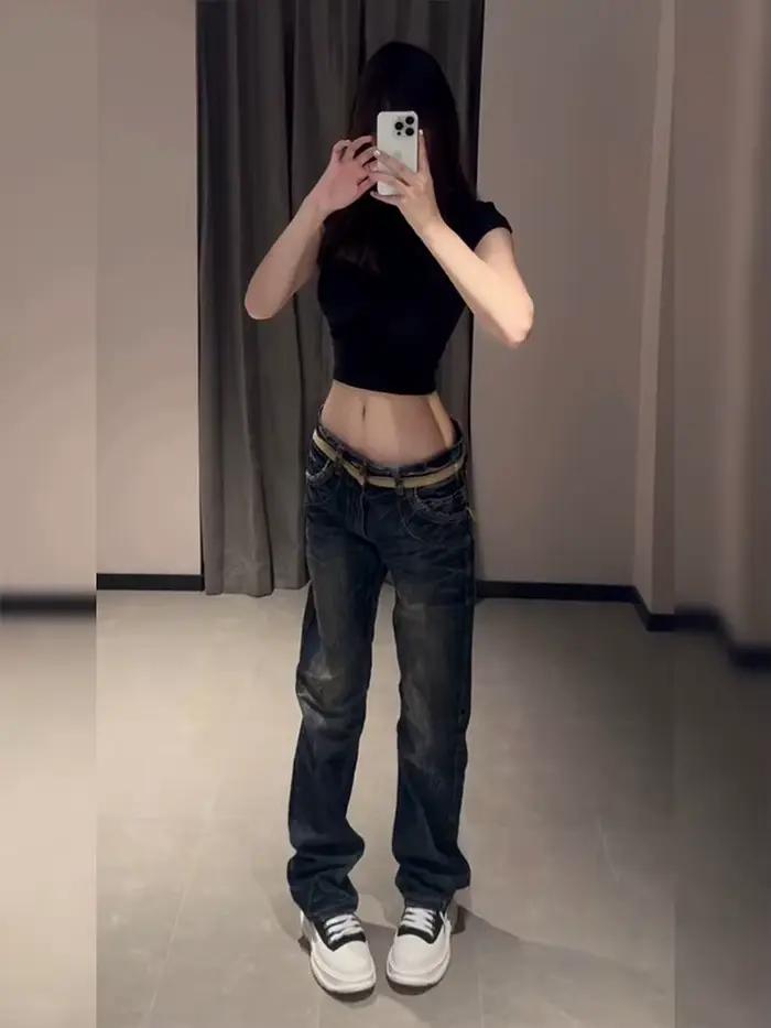 Nicemix américain or aile brodé taille basse jean pour les femmes printemps nouvelle mode épicé fille minceur décontracté Flare pantalon