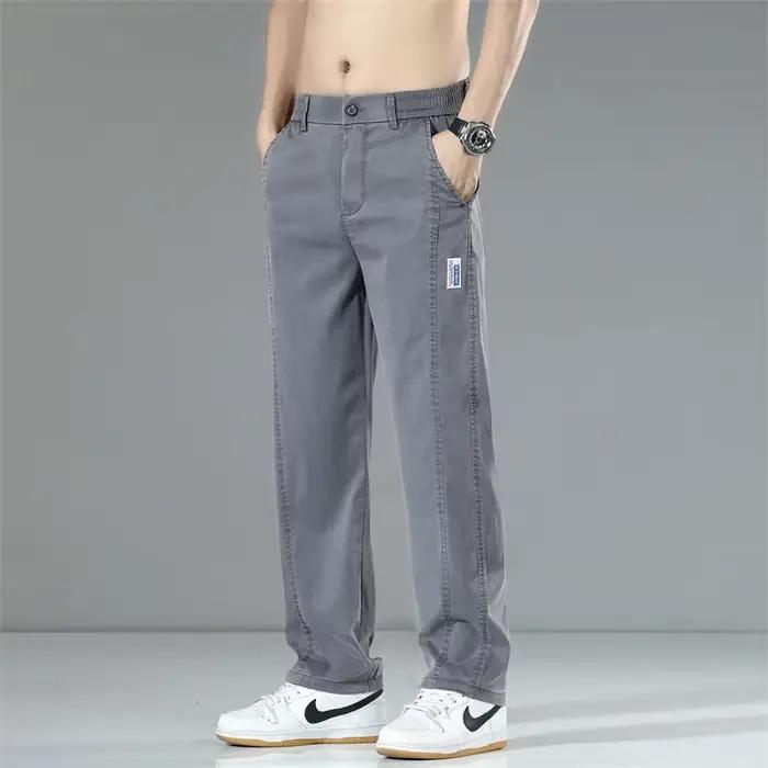 Summer Thin Men's Loose Straight Jeans Lyocell Soft Drape Business Casual Trousers Classic Smoke Gray Brand Ice Silk Denim Pants