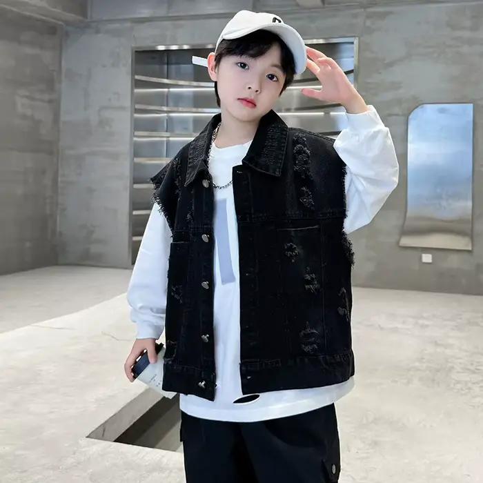 Gilet en Denim Déchiré à Motif Vintage pour Adolescent Garçon