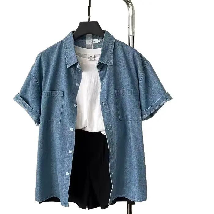 Chemise décontractée vintage en denim ample à manches courtes pour femmes printemps été nouveau style polyvalent col