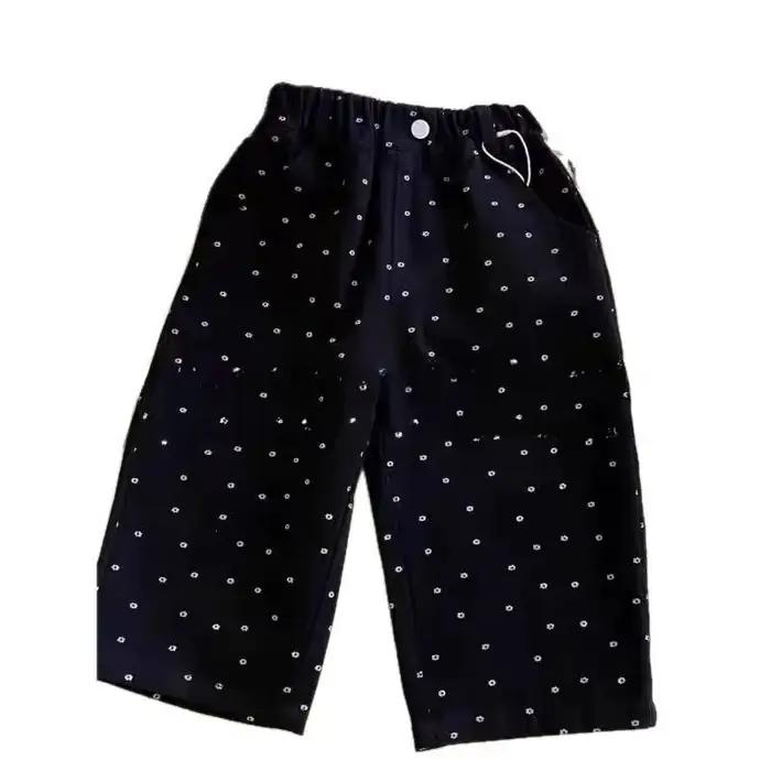 Jeans pour filles printemps nouveau pantalon ample à jambes droites polyvalent imprimé complet pantalon à jambes larges à fleurs jean pour enfants à la mode pour les filles