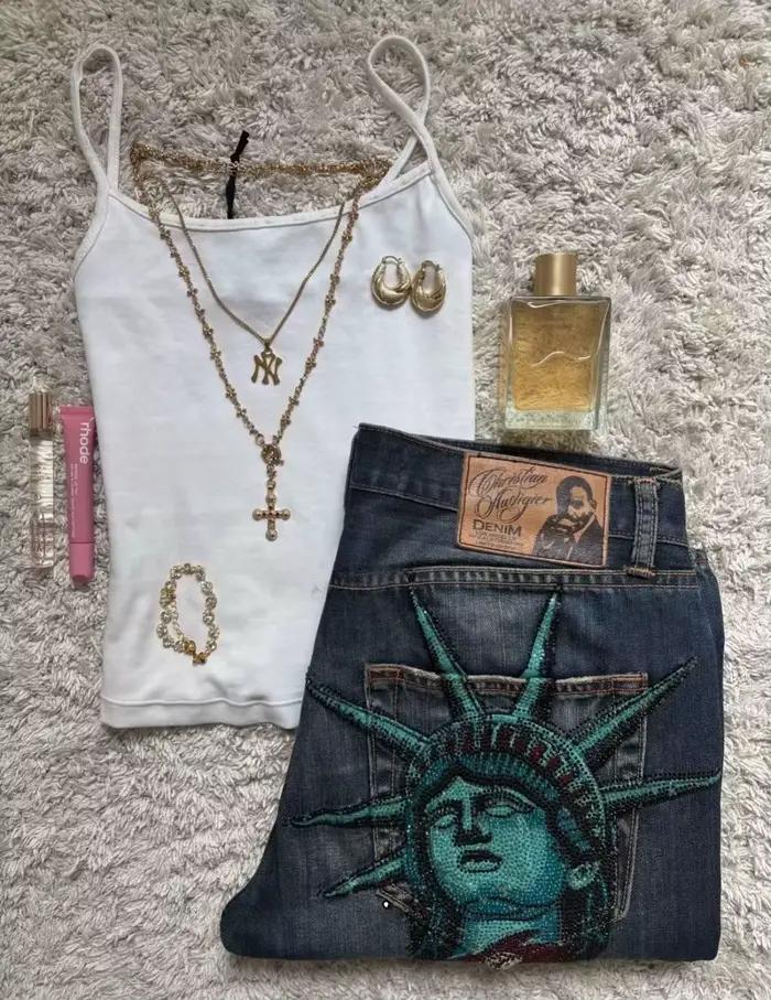 Vintage Liberty brillant strass jean décontracté Denim pantalon taille basse droite jambe large
