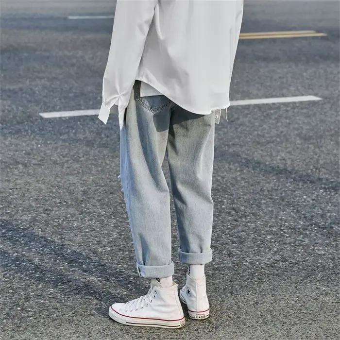 Coréen déchiré hommes jambe large jean 2025 automne nouveau Streetwear droit Baggy Denim pantalon mâle marque