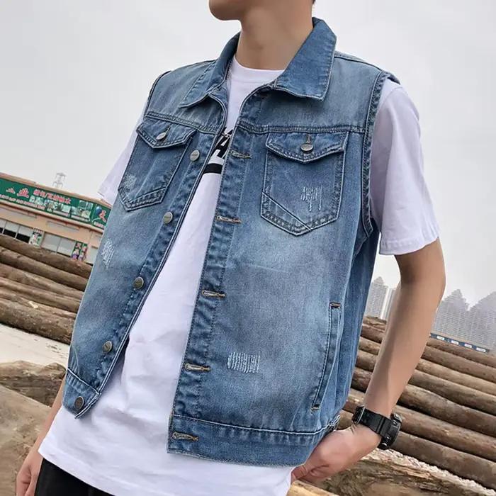 Hommes Denim gilets 2023 printemps été déchiré Long trou jean gilet mode sans manches décontracté veste d'extérieur