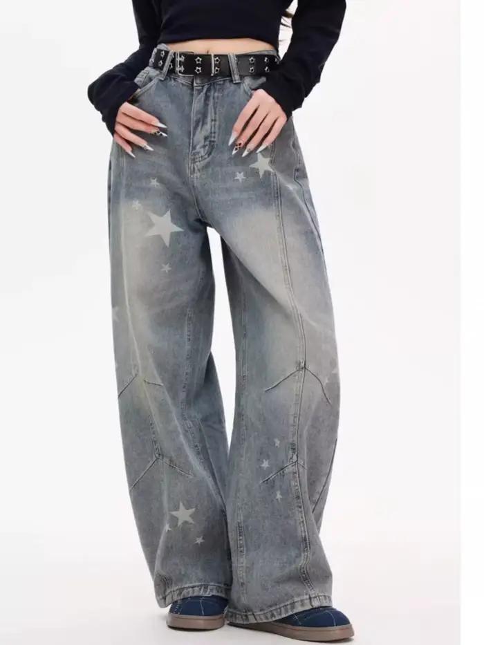 2025 américain rétro Y2K mode étoile imprimé en détresse bleu jean Pantalon pour femmes vêtements dame Denim