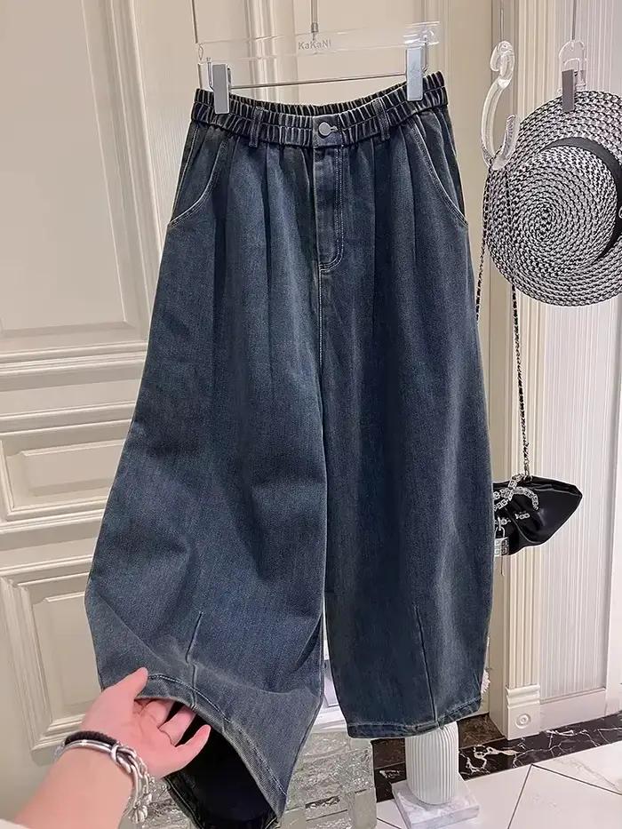 Grande taille 5XL 140kg été automne cheville longueur pantalon élastique Wasit jambe large jean pour femme