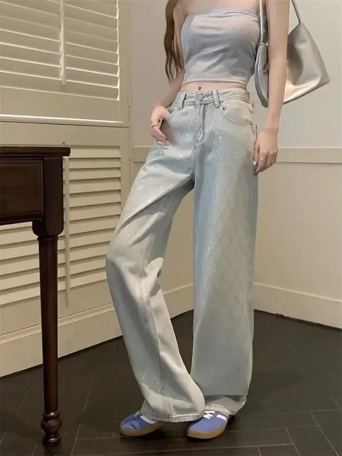Jean Baggy bleu à carreaux pour femmes