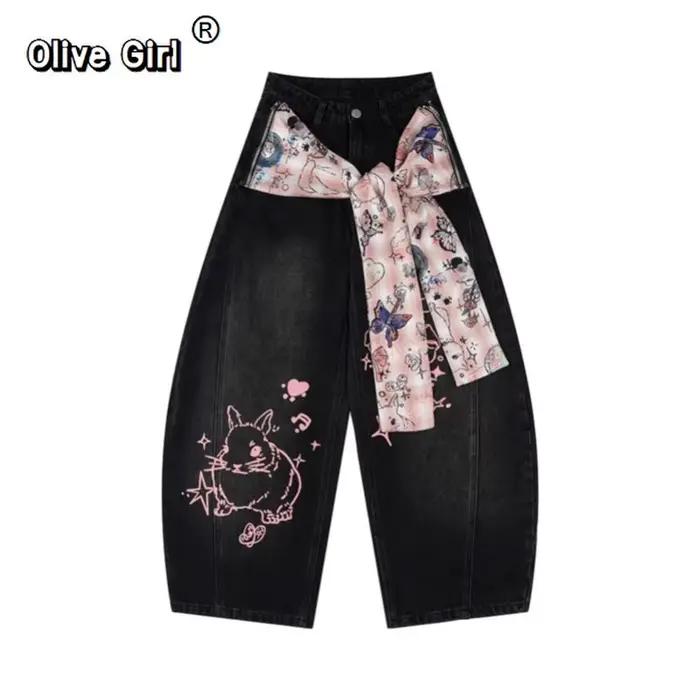 Olivegirl Denim jean américain rétro Graffiti écharpe bretelles pantalon jambe large Hiphop lapin