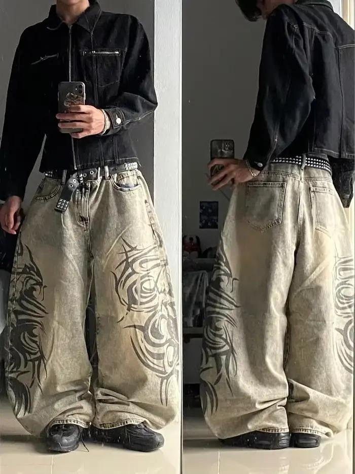 Jean baggy imprimé gris pour hommes style hip-hop vintage quatre saisons pantalon ample ajustement lâche occassions shopping concerts événements mode