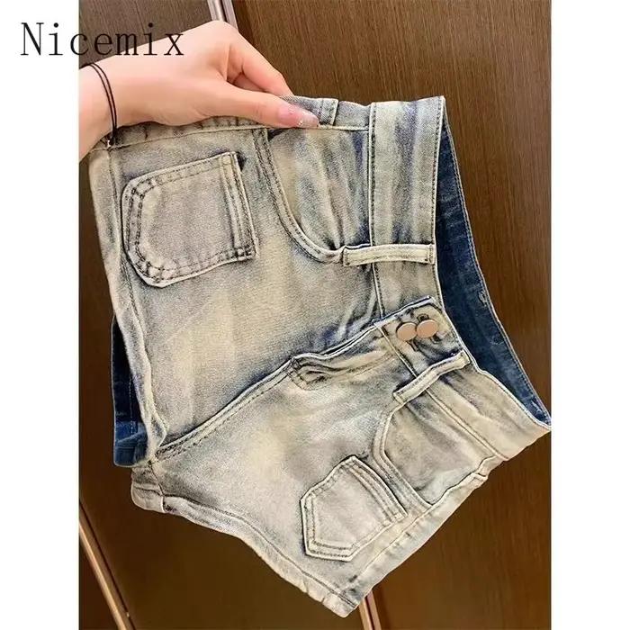 Nicemix rétro épicé fille taille haute minceur Stretch jambe droite jean pour les femmes été mince lavé usé Denim Shorts