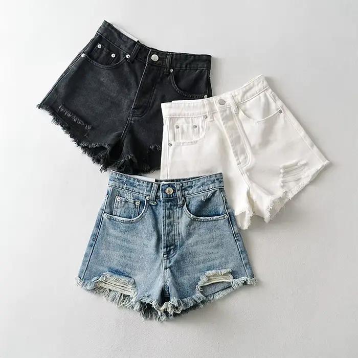 Short en Jean délavé à trous cassés pour femmes