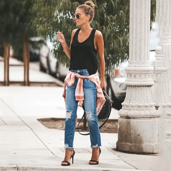 Pantalon en denim déchiré pour femme, jean slim, style décontracté, coupe haute, adoucissant, idéal pour le bureau et les soirées