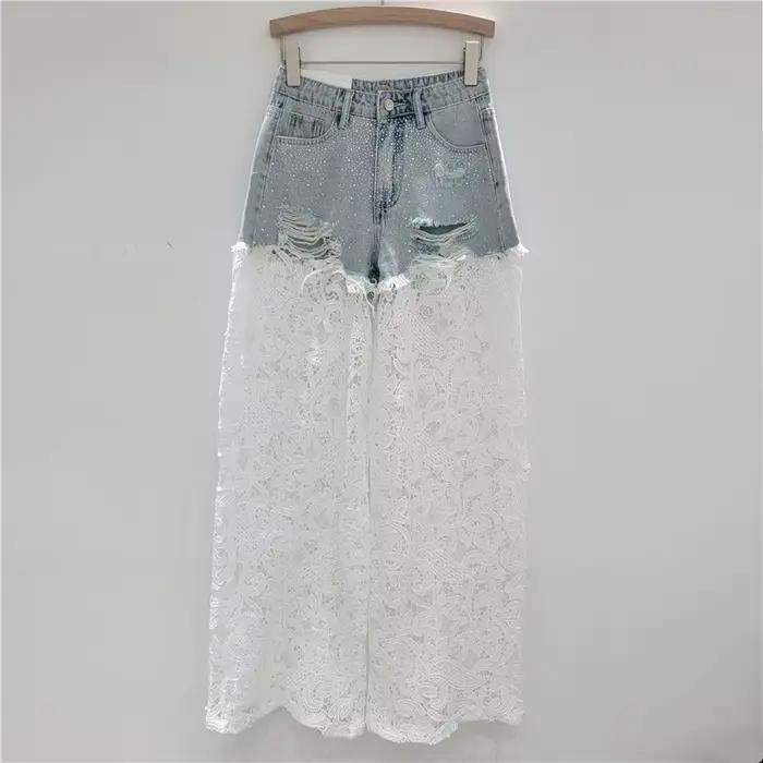 DEAT femmes jean diamants chauds trous cassés Patchwork dentelle taille haute pantalon en Denim droit 2026 nouvelle mode été 29A1333