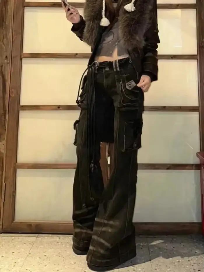 Jean Chic japonais Harajuku Y2K, pantalon Punk Hip-pop des années 2000, esthétique gothique, taille haute, slim, mode printemps 2025
