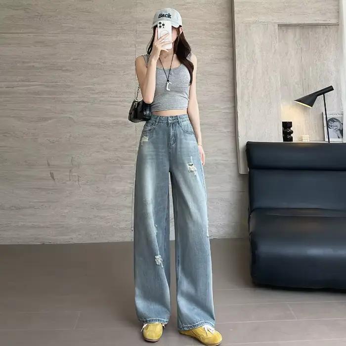 Jean vintage déchiré pour femme, coupe droite ample, taille haute, longueur au sol, bleu, été, style décontracté, confort, occasion spéciale