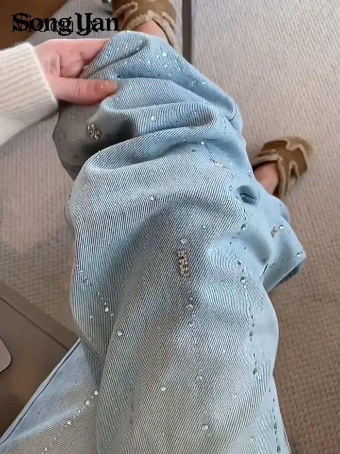 Nicemix rétro bleu clair strass ample décontracté jambe large jean pour les femmes printemps nouveau taille haute