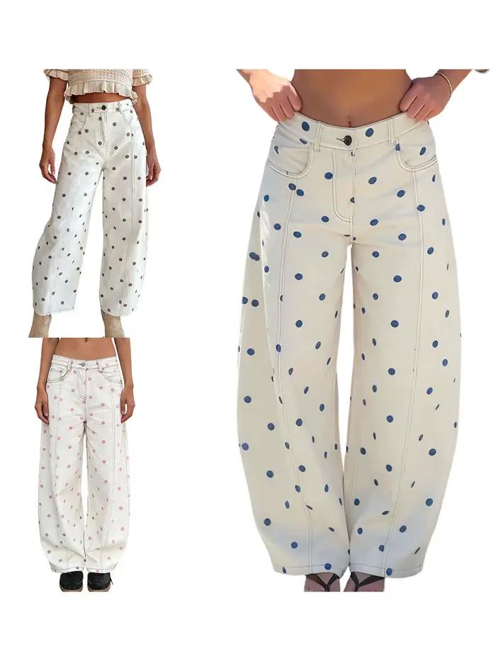 Jean ample en denim à pois pour femme – Pantalon décontracté et tendance à jambe large pour le printemps