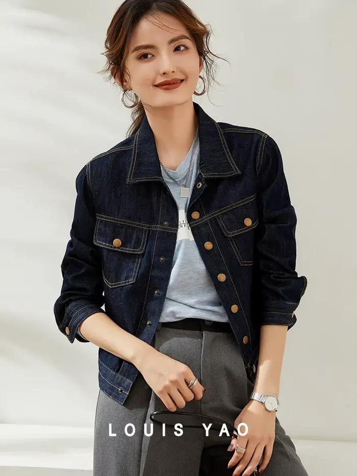 Veste en jean délavée vintage décontractée col rabattu pour femmes printemps automne 2024 LOUIS YAO