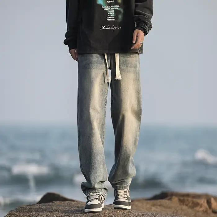 2025 printemps/été nouveau 4 couleurs rétro vieilli hommes ample jambe droite jean mode coréenne haute rue Denim