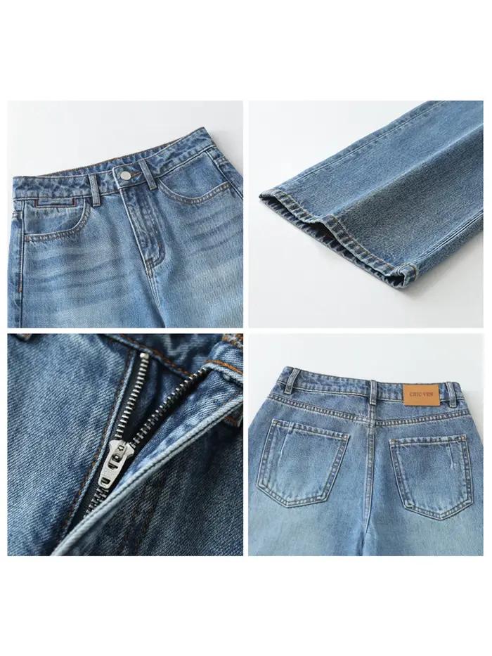 CHIC VEN femmes jean bleu ample décontracté solide nouveau rétro coton jambe large Denim pantalon femme