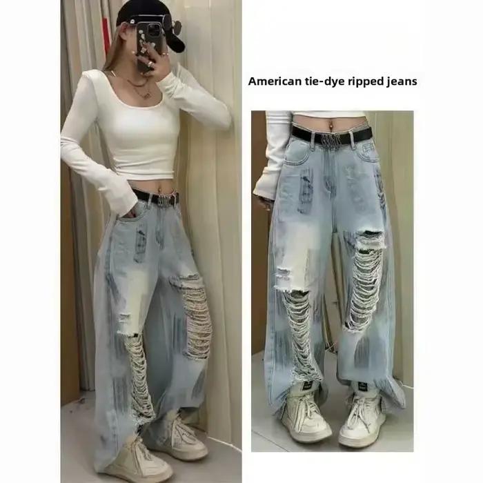 Jean en denim délavé et déchiré pour femme