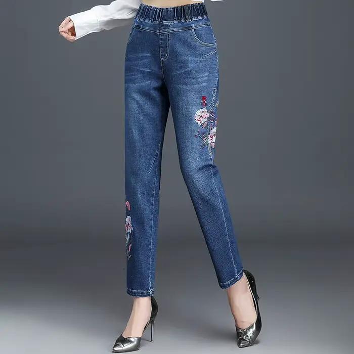 Jean brodé taille haute élastique pour Femme