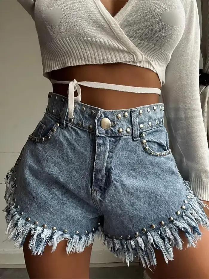Jean court en Denim pour femme avec pompon
