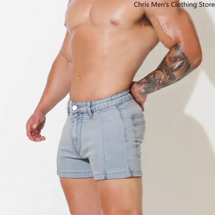Short en jean Ultra court pour hommes, bleu clair, coupe cintrée, extensible, été décontracté, pantalon de plage pour hommes