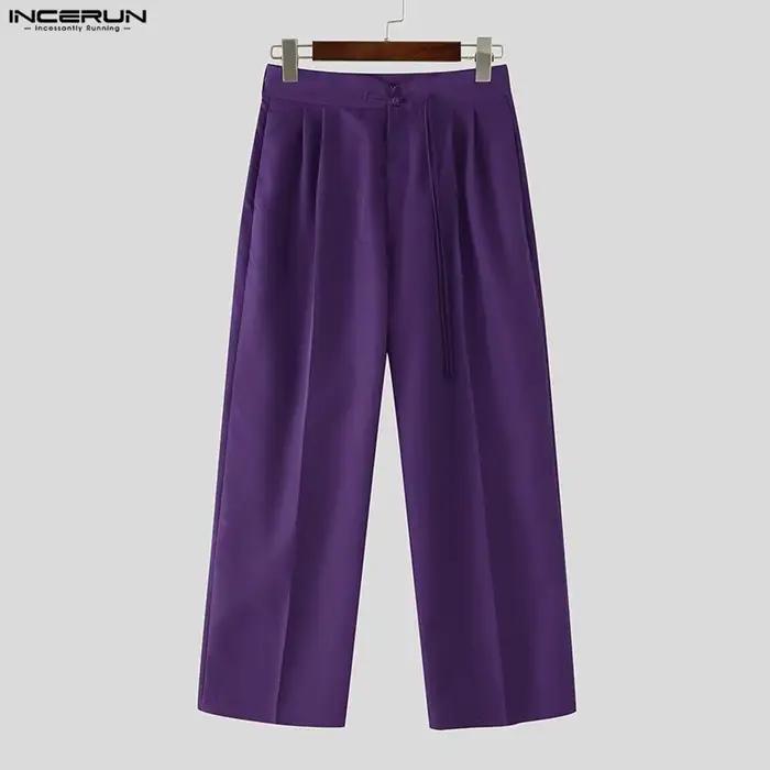 Pantalon homme INCERUN décontracté en polyester couleur unie boutonné vintage ample pour streetwear quatre saisons occasions décontractées
