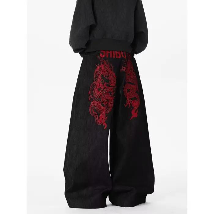 Jean large rétro brodé Dragon Rouge