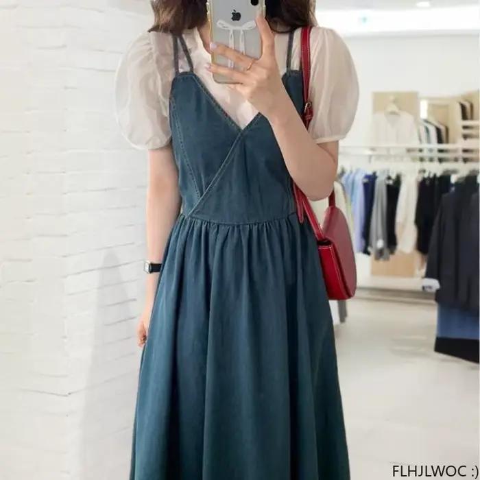 Robe longue en jean bleu pour femmes junior, style doux, sans manches, col en V, pour vacances et anniversaires