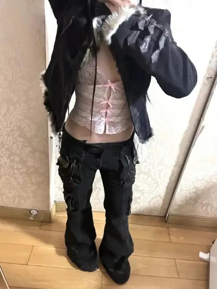 Jean Chic japonais Harajuku Y2K, pantalon Punk Hip-pop des années 2000, esthétique gothique, taille haute, slim, mode printemps 2025