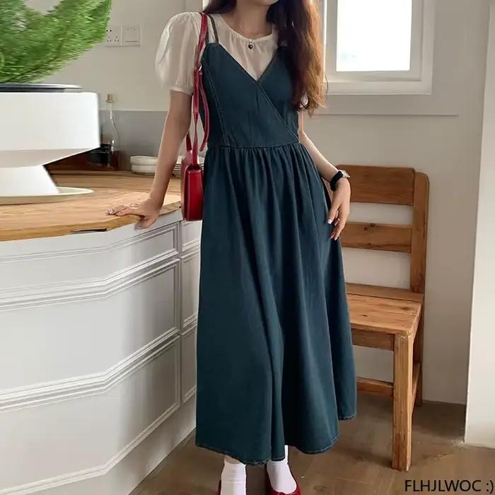 Robe longue en jean bleu pour femmes junior, style doux, sans manches, col en V, pour vacances et anniversaires