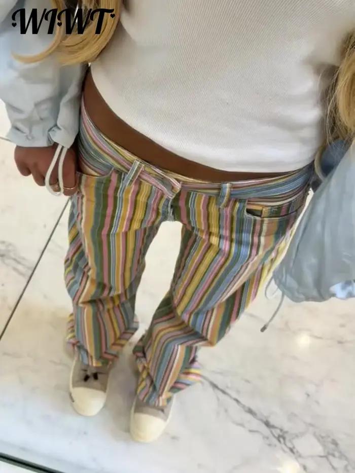 Jean rayé coloré 2026 Nouveau pantalon en denim long décontracté pour femme à taille basse