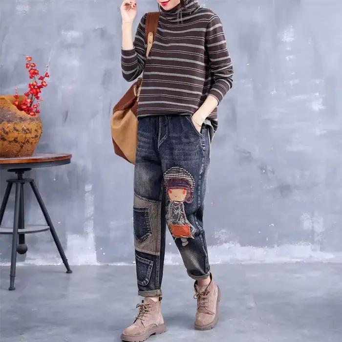 Jean denim élastique surdimensionné pour femme