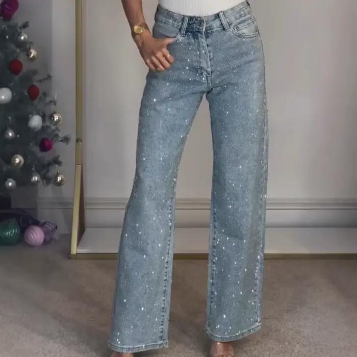 Deeptown bleu strass jean femmes noir Vintage diamants délavés jambe large Style américain Denim pantalon droit Baggy décontracté