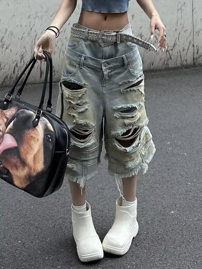 Pantacourt baggy Jean féminin déchiré vintage, coton denim élastique, style streetwear, haute élasticité, pantalons cargo, taille haute, jeans, printemps été