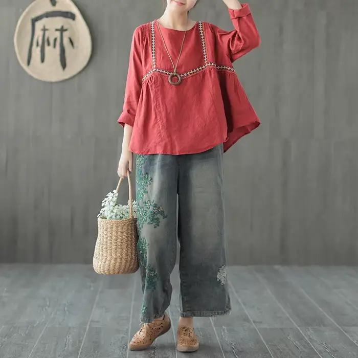 Jean Vintage en Denim avec Broderie Florale pour Femme