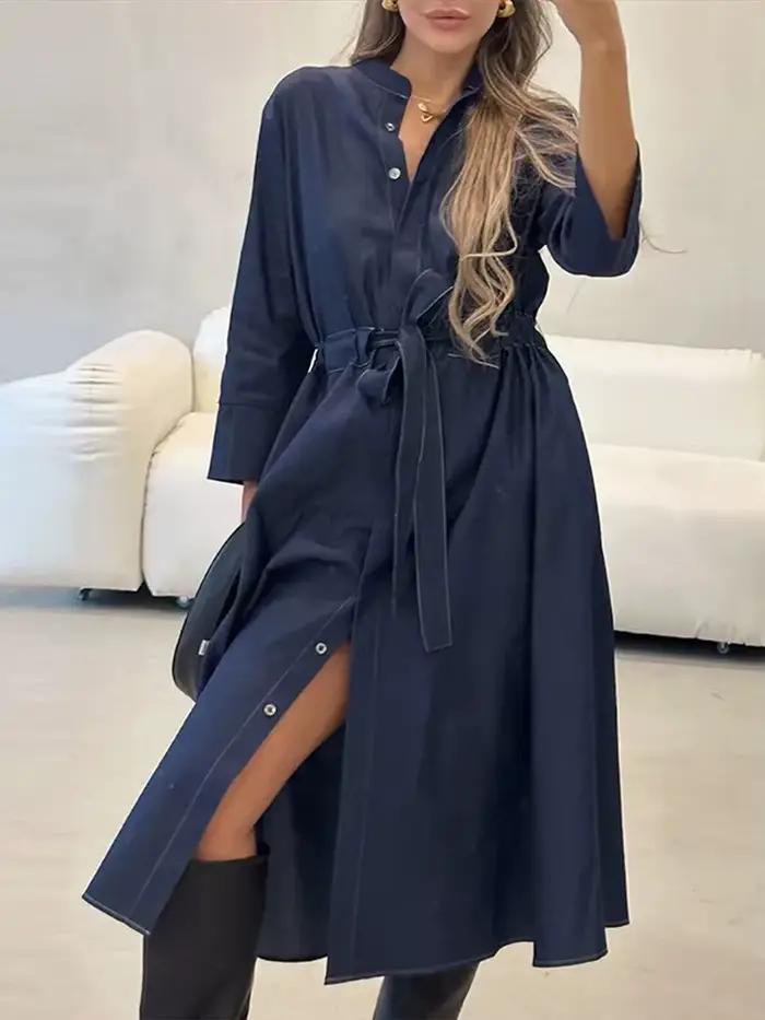 Mode Denim Robe longue pour les femmes à manches longues à lacets taille cintrée simple boutonnage