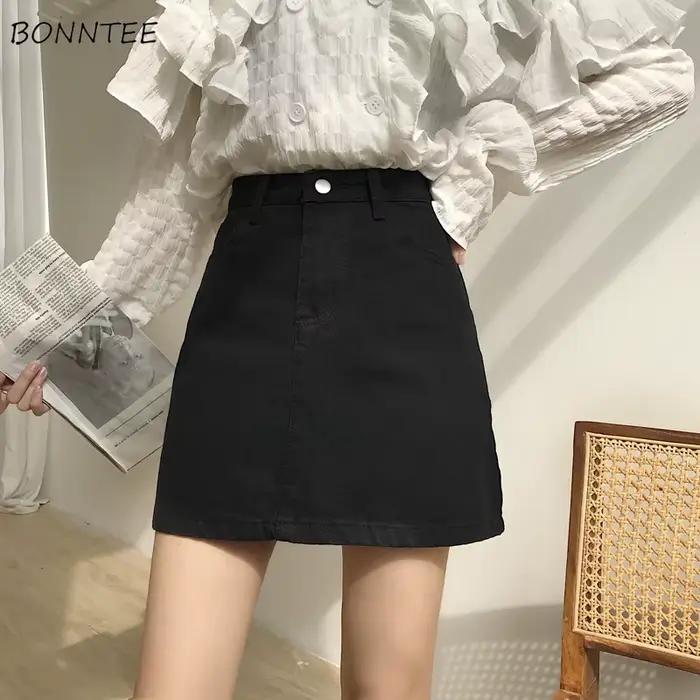 Jupes en jean femmes été solide blanc noir basique taille haute jupe courte Femme a-ligne
